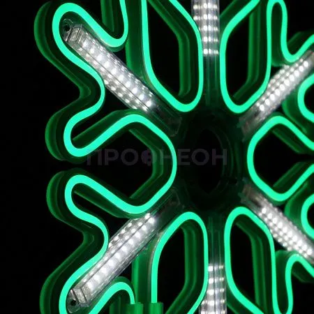 Крупный план зеленой светодиодной снежинки LED: яркие диоды, плоская конструкция, крепежные элементы для монтажа