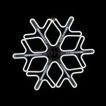 Крупный план ветвей светодиодной снежинки, белые LED-диоды на гибком несущем шлейфе, влагозащищенный провод.