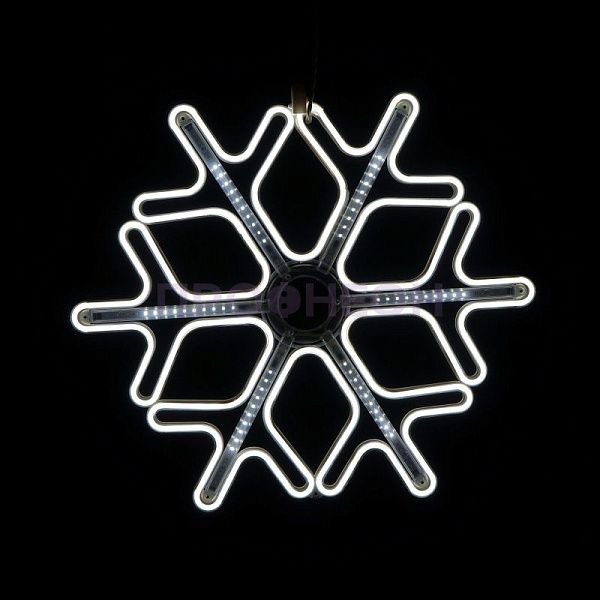 Крупный план ветвей светодиодной снежинки, белые LED-диоды на гибком несущем шлейфе, влагозащищенный провод.
