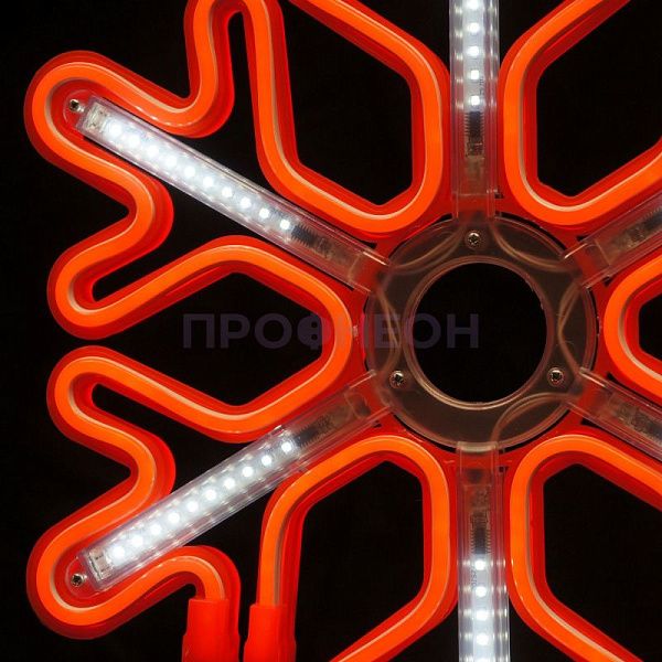 Крупный план снежинки LED 40x40 см: красные светодиоды, плоский корпус, динамические эффекты свечения