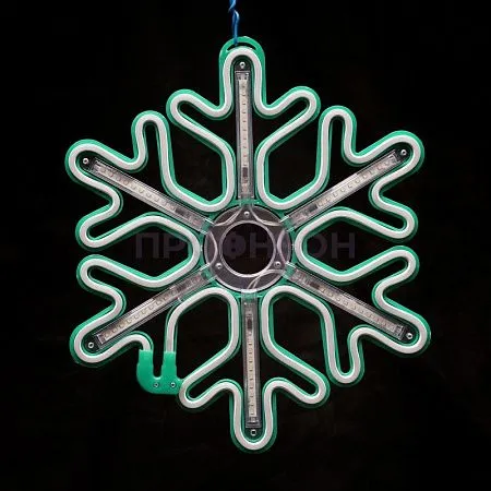 Крупный план зеленой светодиодной снежинки LED: яркие диоды, плоская конструкция, крепежные элементы для монтажа