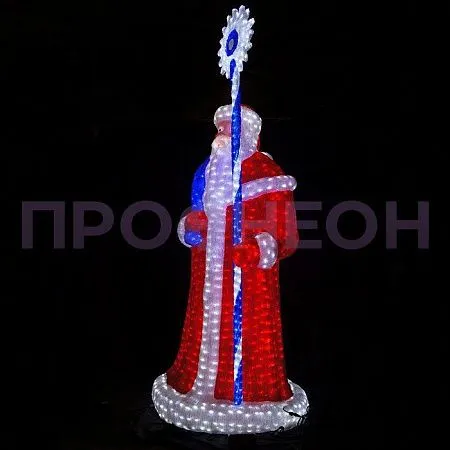 Крупный план светодиодного Деда Мороза: красная шуба, акриловые детали, провода питания 24В, красное свечение