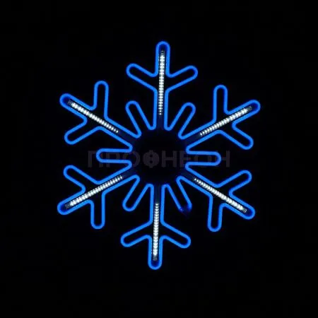 Крупный план светодиодной снежинки LED: синие диоды с динамикой, плоский корпус, элементы крепления и провода подключения