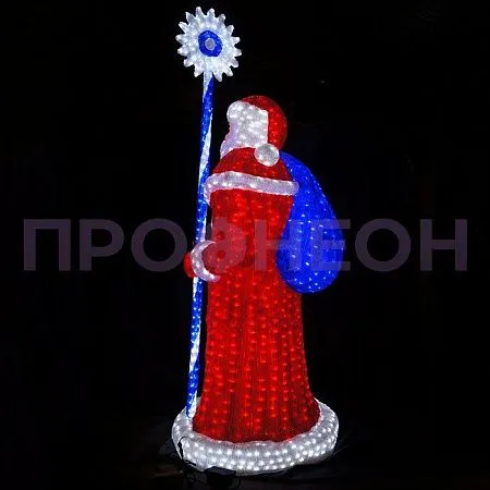 Крупный план светодиодного Деда Мороза: красная шуба, акриловые детали, провода питания 24В, красное свечение
