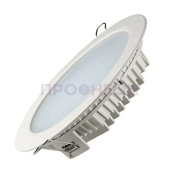 Крупный план LED светильника Downlight: корпус, светодиодная матрица, клеммы для подключения, цвет белый.