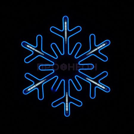 Крупный план светодиодной снежинки LED: синие диоды с динамикой, плоский корпус, элементы крепления и провода подключения