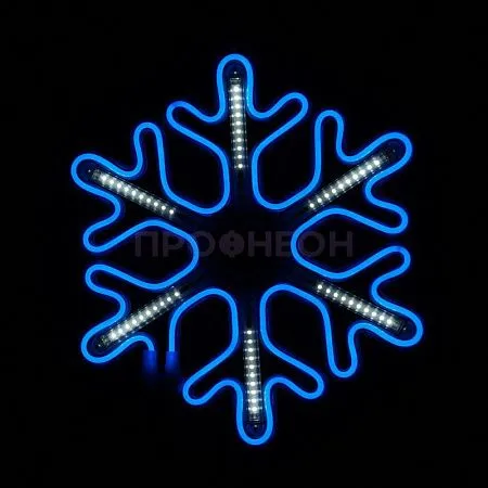 Крупный план светодиодной снежинки LED: синие диоды, динамические переливы, прочный плоский корпус