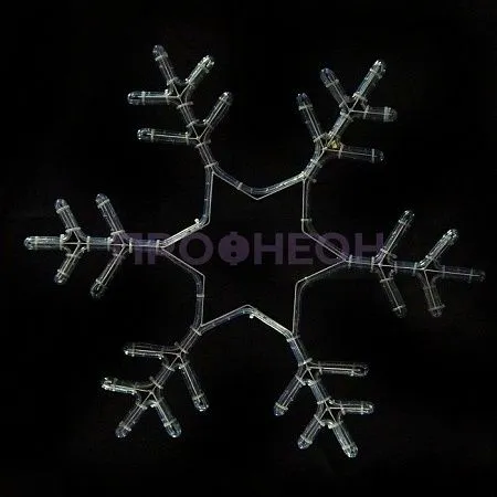 Крупный план светодиодной фигуры «Снежинка»: белые LED-диоды, влагозащищенный провод, крепежные элементы