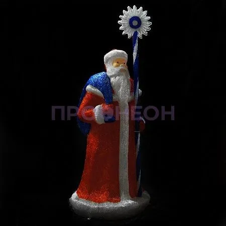 Крупный план светодиодного Деда Мороза: красная шуба, акриловые детали, провода питания 24В, красное свечение