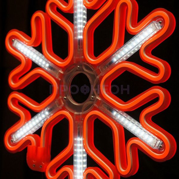 Крупный план снежинки LED 40x40 см: красные светодиоды, плоский корпус, динамические эффекты свечения