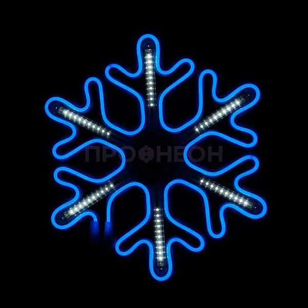 Крупный план светодиодной снежинки LED: синие диоды, динамические переливы, прочный плоский корпус