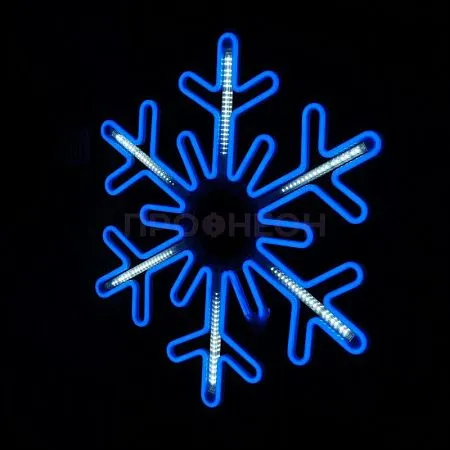 Крупный план светодиодной снежинки LED: синие диоды с динамикой, плоский корпус, элементы крепления и провода подключения