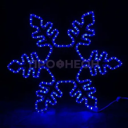 Крупный план светодиодной снежинки: синие LED-диоды, влагозащищённый корпус, монтажный провод