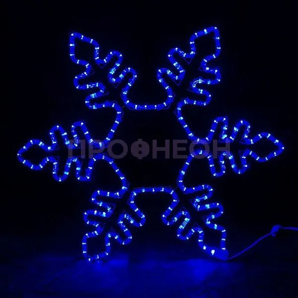 Крупный план светодиодной снежинки: детализация ветвей, яркие LED-диоды синего свечения и влагозащищенный провод.