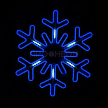 Крупный план светодиодной снежинки LED: синие диоды с динамикой, плоский корпус, элементы крепления и провода подключения