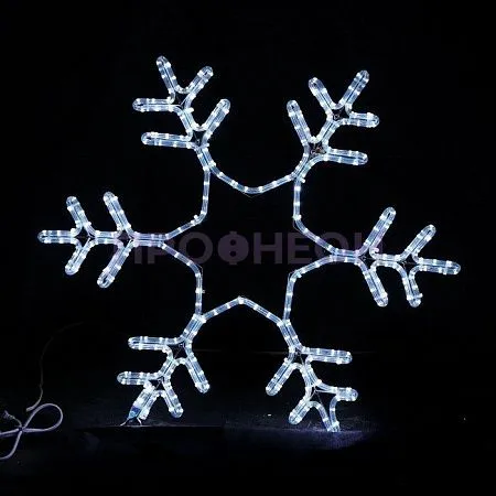 Крупный план светодиодной фигуры «Снежинка»: белые LED-диоды, влагозащищенный провод, крепежные элементы