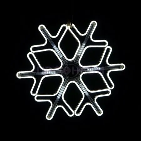 Крупный план ветвей светодиодной снежинки, белые LED-диоды на гибком несущем шлейфе, влагозащищенный провод.