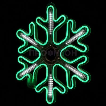 Крупный план зеленой светодиодной снежинки LED: яркие диоды, плоская конструкция, крепежные элементы для монтажа