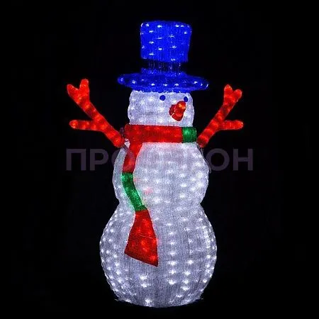 Крупный план светодиодной фигуры «Снеговик-лесовик»: акриловые ветви, 330 LED, белое свечение, влагозащита