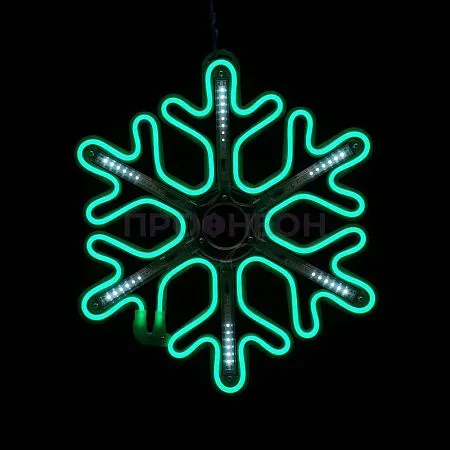 Крупный план зеленой светодиодной снежинки LED: яркие диоды, плоская конструкция, крепежные элементы для монтажа