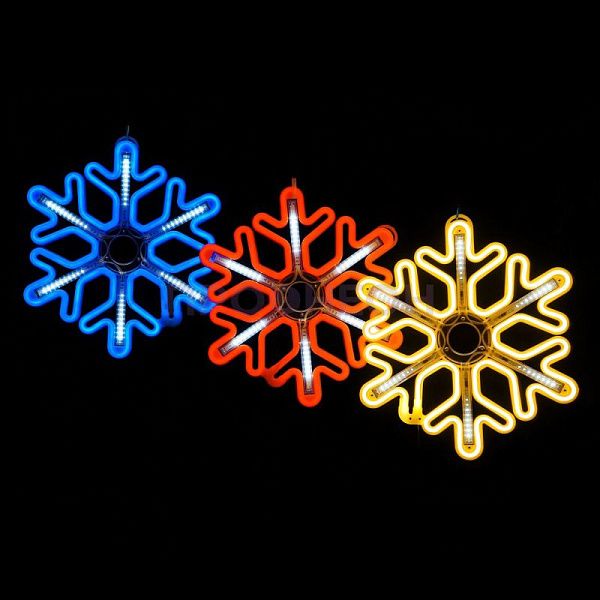 Крупный план светодиодной снежинки LED: синие диоды, динамические переливы, прочный плоский корпус