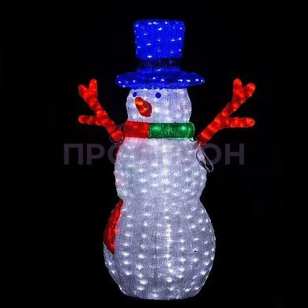 Крупный план светодиодной фигуры «Снеговик-лесовик»: акриловые ветви, 330 LED, белое свечение, влагозащита