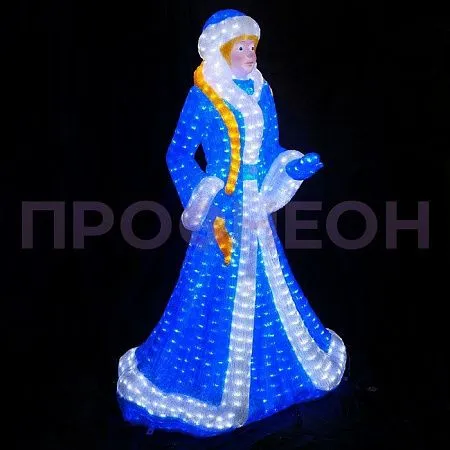 Крупный план светодиодной фигуры Снегурочка: белое свечение, акриловые элементы, кабель 24V