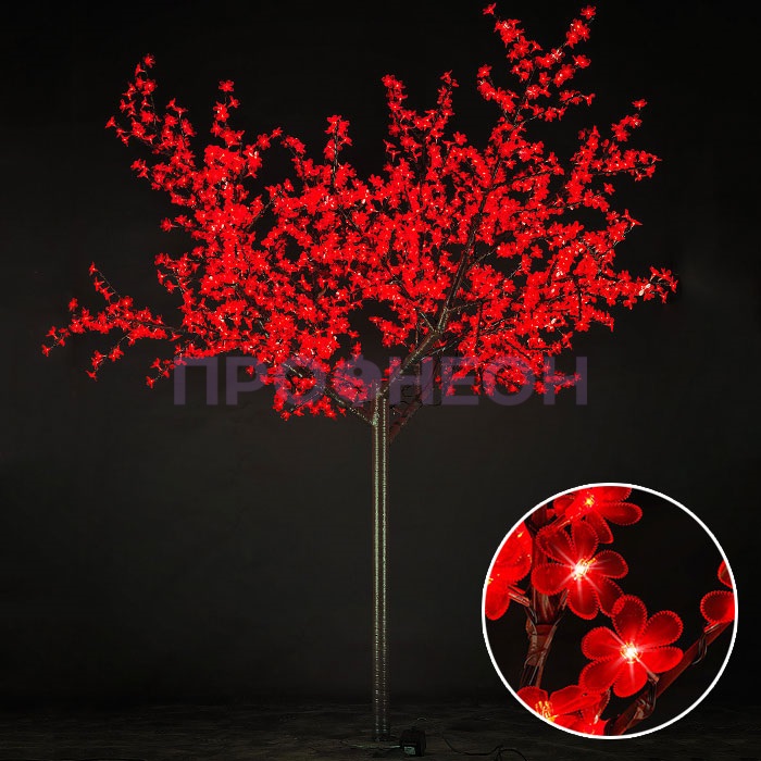 Световое дерево «Сакура», диаметр 2.0 м, высота 2.5 м, 1728 лепестков, красное, 24В