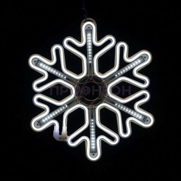 Крупный план ветвей светодиодной снежинки, белые LED-диоды на гибком несущем шлейфе, влагозащищенный провод.