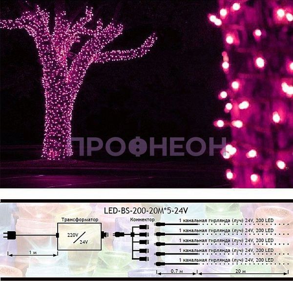 Крупный план: розовые светодиоды на прозрачном проводе, пять лучей Клип Лайт Спайдер 24 В, влагозащита