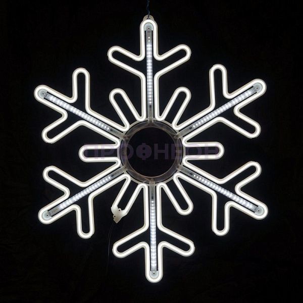 Крупный план светодиодной снежинки: белые LED-диоды, прозрачный провод, плоский корпус для уличной установки