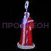 Крупный план светодиодного Деда Мороза: красная шуба, акриловые детали, провода питания 24В, красное свечение