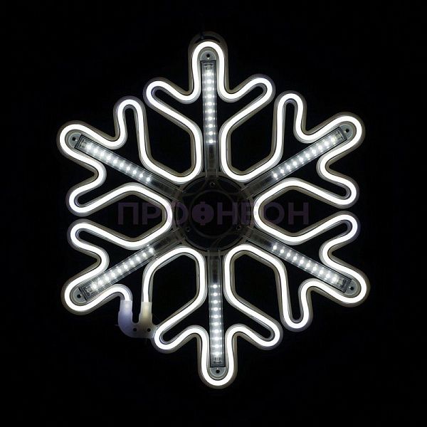 Крупный план ветвей светодиодной снежинки, белые LED-диоды на гибком несущем шлейфе, влагозащищенный провод.