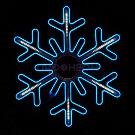 Крупный план светодиодной снежинки LED: синие диоды с динамикой, плоский корпус, элементы крепления и провода подключения