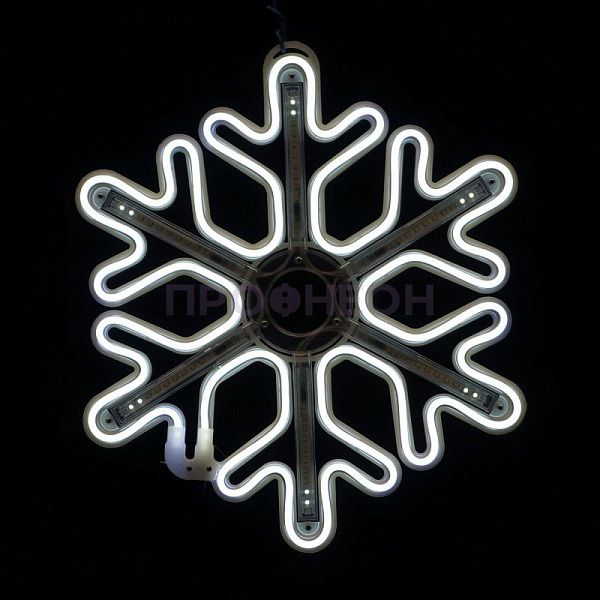 Крупный план ветвей светодиодной снежинки, белые LED-диоды на гибком несущем шлейфе, влагозащищенный провод.