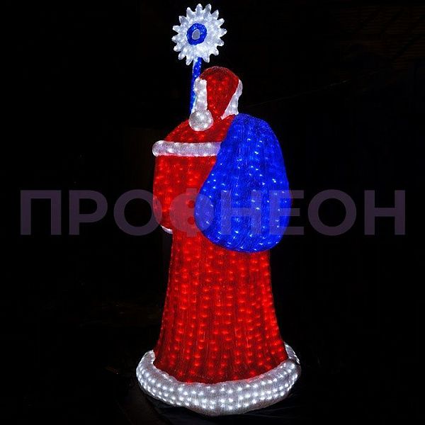Крупный план светодиодного Деда Мороза: красная шуба, акриловые детали, провода питания 24В, красное свечение