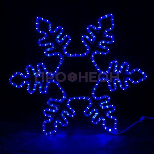 Крупный план светодиодной снежинки: синие LED-диоды, влагозащищённый корпус, монтажный провод