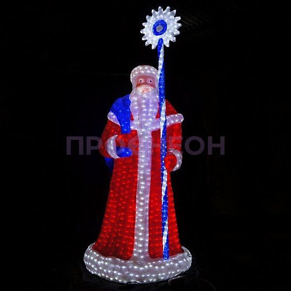 Крупный план светодиодного Деда Мороза: красная шуба, акриловые детали, провода питания 24В, красное свечение